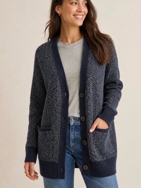Madewell Navy and White Speckled V-Neck Cardigan